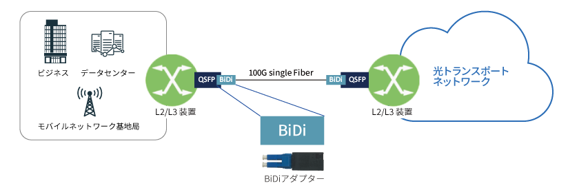 BiDi QSFPアダプター設置ネットワーク構成図